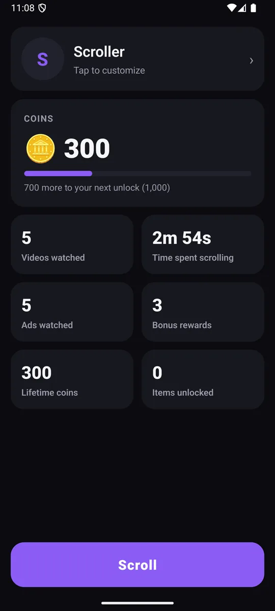 Scrollr dashboard showing coins and stats